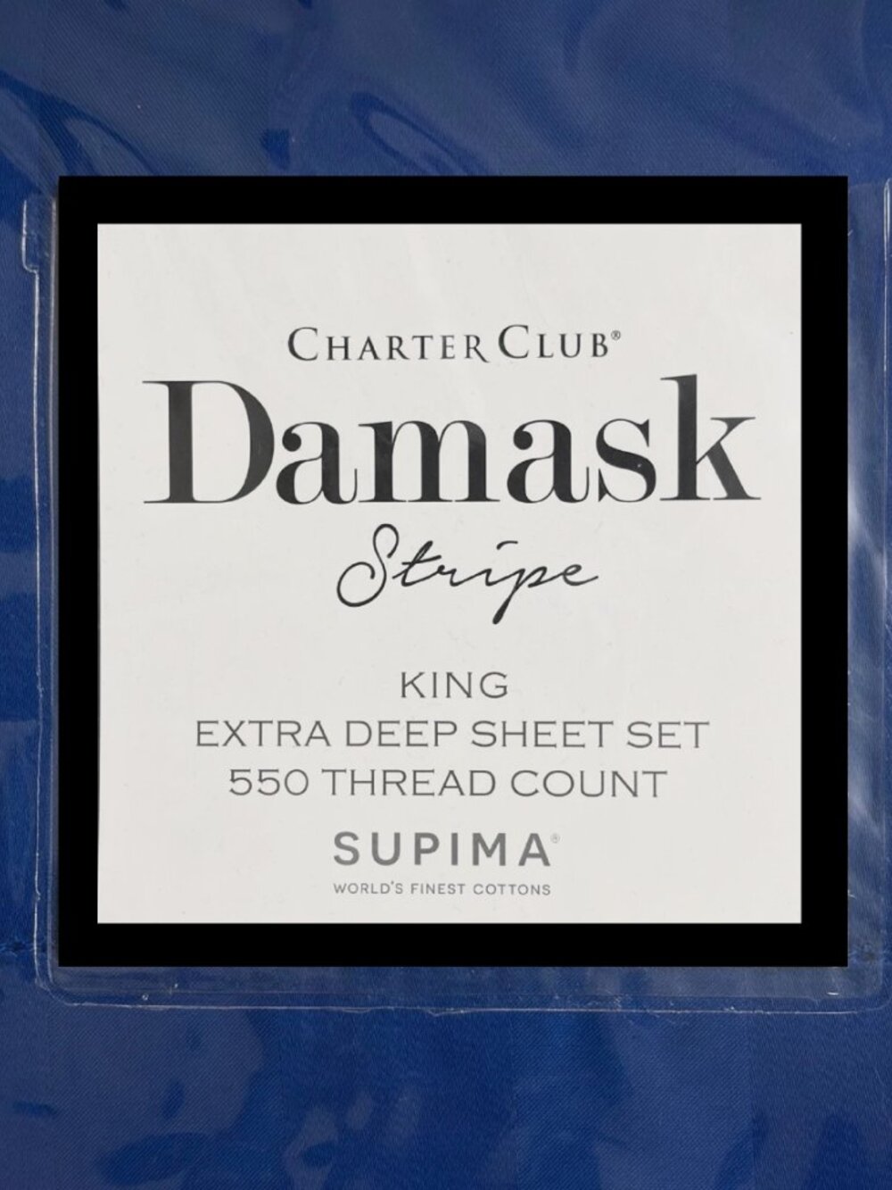 new COBALT BLUE STRIPE Charter Club 550 TC 100% Cotton KING EXTRA DEEP Sheet Set
